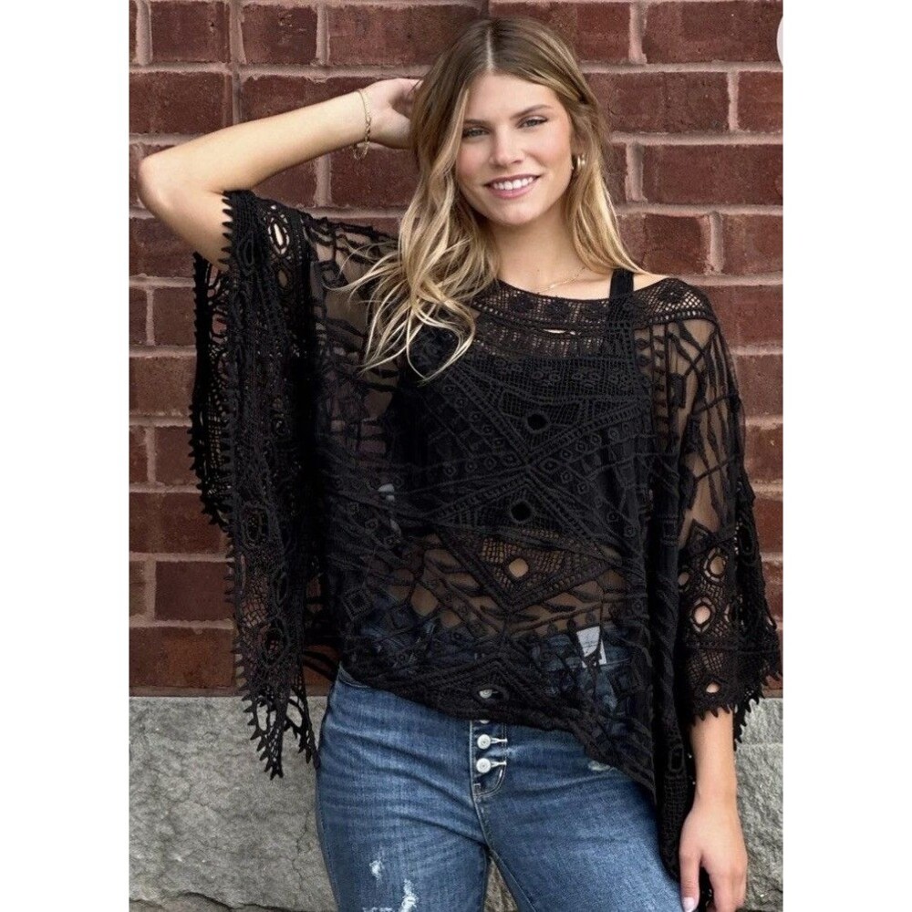 Boho Crochet Lace Poncho Top Black Sheer Batwing Festival One Size Whimsygoth